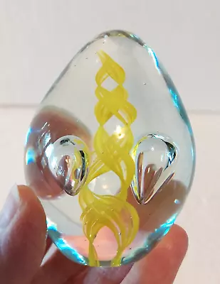 Paperweight~Egg~Glass~Simple Bright Yellow Swirl~2 Large Controlled Bubbles~NICE • $15