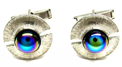 Marvelous Iridescent Cufflinks Silver Split Circle Round Vintage Mens Wear • $16.16