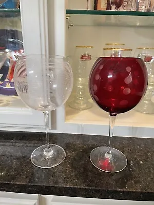 Mikasa Balloon Etched Crystal Wine Glasses -2. One Red.  One White Lines • $39