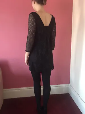 £9.99 • Buy Zara Black Lace Beads Party Xmas Sparkly Dress Mini UK S Low V Back Long Sleeve