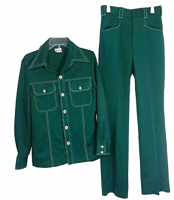 Kings Road Men Leisure Suit 2 Pc Mod 60 70s Textured Green Disco Polyester Sz 38 • $149