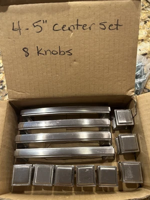 $7 • Buy 4 - 5” Center Set Drawer Pulls With 8 Matching Knobs.  Brushed Silver.