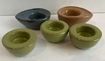 Set Of 5 Earthenware 3 Round 2 Oblong Candle Tea Lite Votive Holders In/outdoor • $23