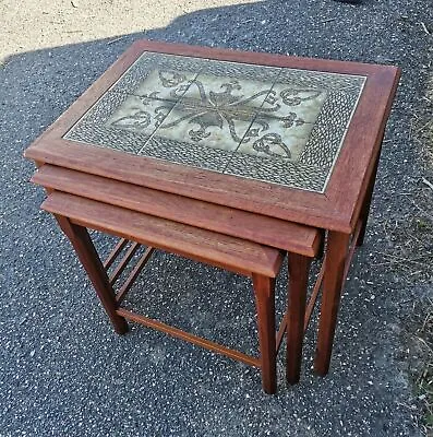 Danish Teak Nest Of 3 Vintage Tiled Top MCM Tables By Mobelfabrikken Toften... • £79.99