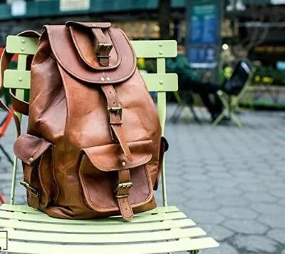 Travel Unisex Genuine Goat Leather Brown 16  Backpack Rucksack School Bag • $58.99