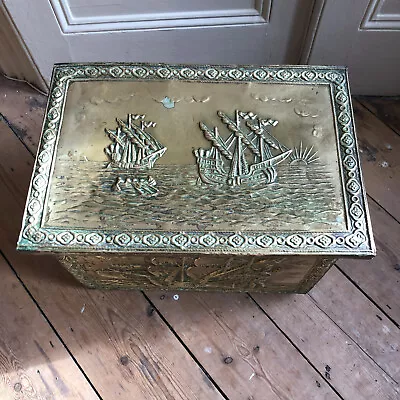 Brass Kindling Box / Log Box / Coal Box Midcentury Ship  Galleon Motives • £38