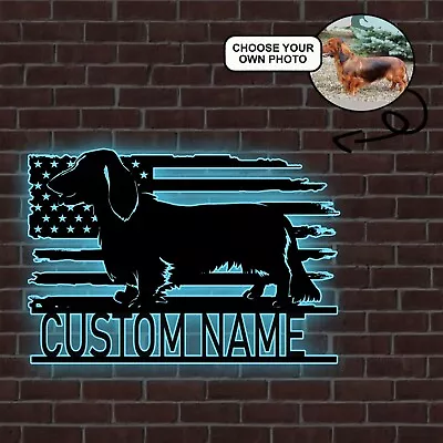 Personalized Dachshund Dog American Flag Metal Sign Led Lights Custom Photo • $99.99