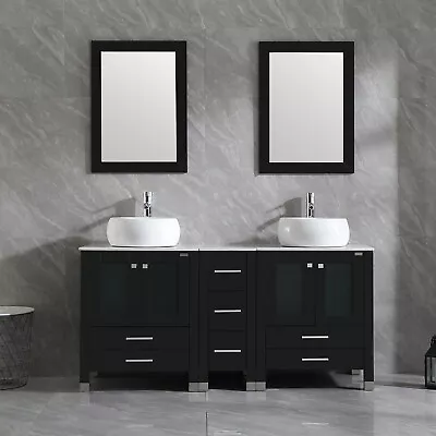 60'' Black Wood Vanity Ceramic Sink Bathroom Cabinet W/Mirror Faucet Countertop • $1076.99