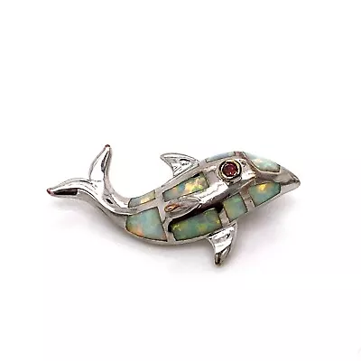 VTG Estate Sterling Silver Garnet & Inlaid Opal Dolphin Whale Pendant Charm! 70 • $42.49