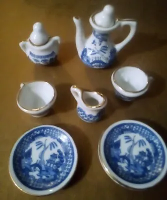 Miniature Blue And White Tea Set 2 Cups 2 Plates Teapot Creamer And Sugar Bowl • $9