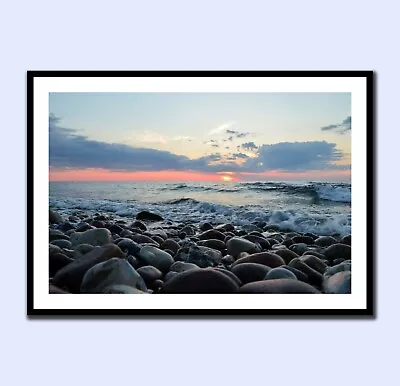 £16.99 • Buy STONES ON BEACH WAVES OCEAN SUNSET Art Print Relaxation Wall Prints