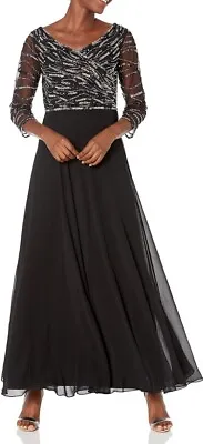 J Kara Women's 3/4 Sleeve Beaded Silver Sequin Maxi Gown Black Size 8 • $45