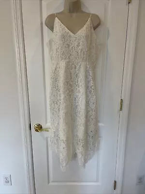 Zaful White Lace Size L Open Back Strap Sleeveless Party Dress Midi Uneven Hem • $38.99