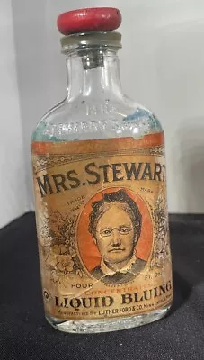 Antique 4 Oz. Bottle Of Mrs. Stewart's Liquid Bluing - Label Intact And Stopper • $4.99