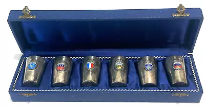 Souvenir French Metal Shot Glasses W/ Crests Set Of 6 In Original Box Vintage • $17