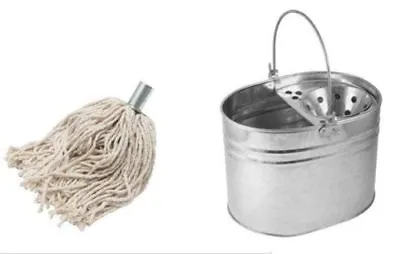 Heavy Duty 14L Metal Galvanized Mop Bucket + Cotton Floor Mop Head Set Strong • £14.95