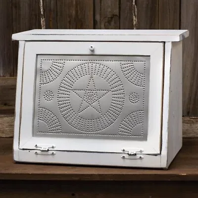 Farmhouse Star Punched Tin White Wood Bread Box ~Made In USA • $159.95