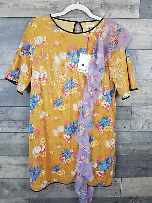 Manoush Floral Burst Sequin Dress EU 38 UK 10 Yellow Ruffle Tee Shift BNWT • £79