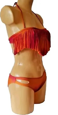Womens Fringed Bikini Orange Pink Tassel Bandeau Hipster Swimwear Uk 10 New • £12.95