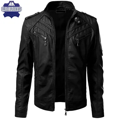 Genuine Mens Stylish Biker Black Retro Motorcycle Leather Jacket Coat • $94.99