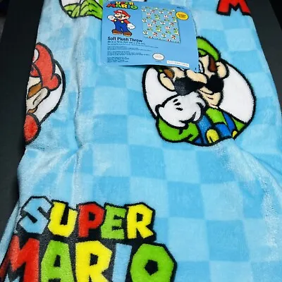 Nintendo Super Mario Soft Plush Throw Blanket 50”x70” Luigi Toad Yoshi Blue NEW • $43.99