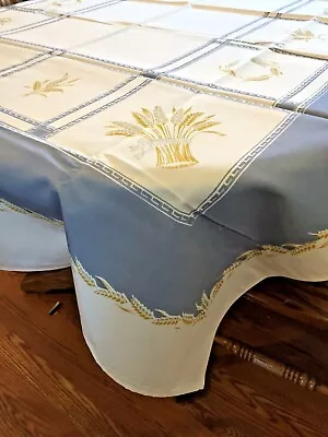 Vintage California Hand Print Tablecloth NOS Blue Silver Gold Wheat 53x72  TAGS • $79