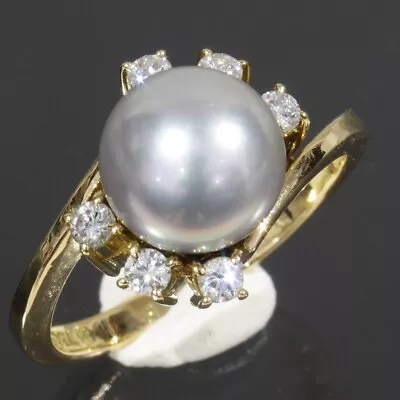 MIKIMOTO 8mm Pearl 6P Diamond Ring US4.75 18K Yellow Gold 750 E0839 • $479