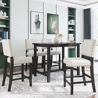 5 Piece Rustic Wooden Counter Height Dining Table Set With 4 Upholstered Chairs • $884.22