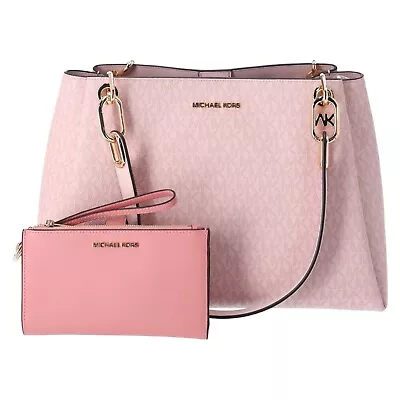 Michael Kors Trisha Large Shoulder Tote Powder Blush MK Pink + Primrose Wristlet • $168