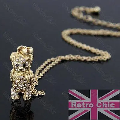£3.99 • Buy KITSCH Crystal TEDDY BEAR Moveable PENDANT&CHAIN Necklace Set GOLD FASHION SET