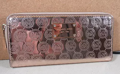 Michael Kors Continental Zip-Around Wallet ROSE GOLD Metallic MK Logo VGC • $29.95