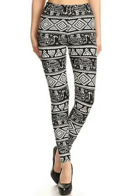 NEW Leggings Depot Women Black & White Elephant Print Bohemian Buttery Soft • $12.99