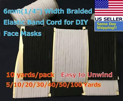 6mm 1/4” Width Braided Flat Elastic Band Cord Face Mask White Black 1- 100 Yards • $4.90