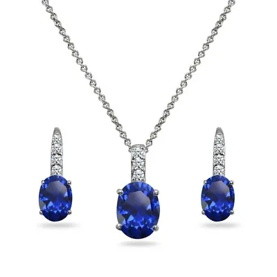 Oval Created Blue Sapphire 925 Silver Pendant Necklace & Leverback Earrings Set • $26.99