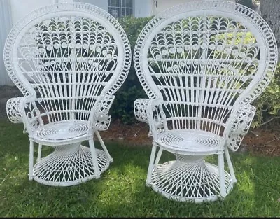 Pair White Rattan Wicker Peacock Chairs • $500