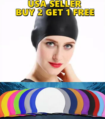 Men Women Silicone Swimming Cap Solid Color Long Hair Clean Swim Pool For Adult • $4.89