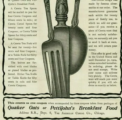 1903 Cereta Silverware Setting Quaker Oats CEREAL PREMIUM Original Paper Ad 4539 • $11.37