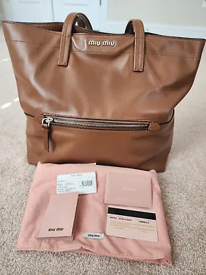Authentic Miu Miu  Vitello Rr934 Tan Calf Leather Tote Bag W/cards & Dustbag • $275