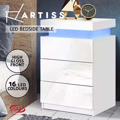 Artiss Bedside Tables 3 Drawers Side Table RGB LED Gloss Nightstand White COLEY • $95.95