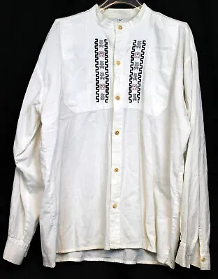 Peru White Linen Tunic Men Dress Shirt Sz L Button Down High Neck Traditional • $25