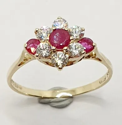 £100 • Buy 9ct Yellow Gold Ruby And CZ Flower Cluster Ring Size R