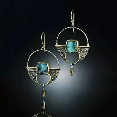 £4.99 • Buy Boho Ethnic Gold/Silver With Blue Stone Drop Dangle Earrings UK Seller