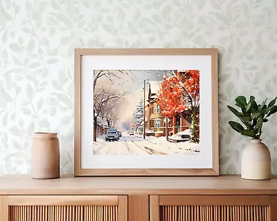 Cozy Street In Winter Watercolor Painting Print 8x10 Wall Decor • $25