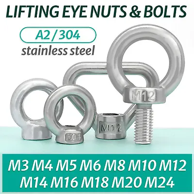 M3 M4 M5 M6 M8 M10 M12 To M24 Lifting Eye Nuts & Bolts A2 / 304 Stainless Steel • £2.22