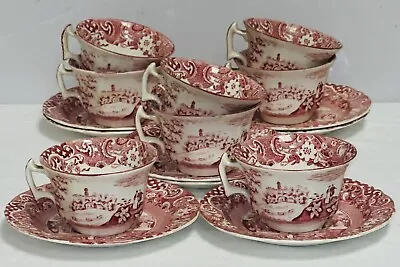 8 Wr Midwinter Landscape Red Transferware Cups & Saucers • $51.20