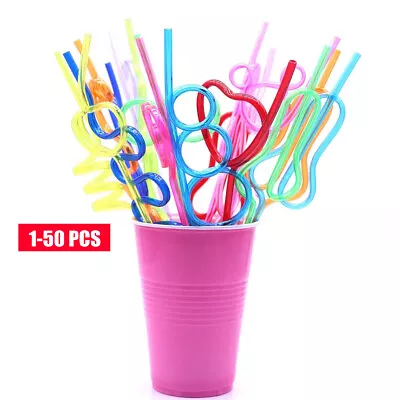 1-50PC Silly Straws Party Cocktail Kids Adults Curly Bendy Drinking Coloured Bag • £5.28