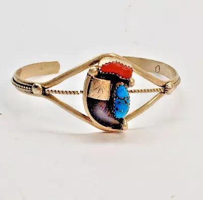 Vintage Navajo Turquoise & Coral Sterling Silver Cuff Bracelet • $89.99