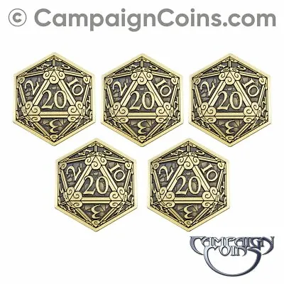 $10.97 • Buy D20 COINS GOLD (5-pack) 30mm Size Metal Dice 20 Die Token RPG Campaign Coins