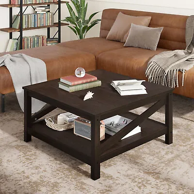 2-Tier Wood Square Coffee Table Farmhouse Cocktail Table With Storage Shelves • $72.99