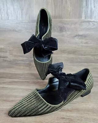 Pol Corduroy Velvet Ballet Flat Army Green Large Black Bow Womens Shoe Sz 6 • $37
